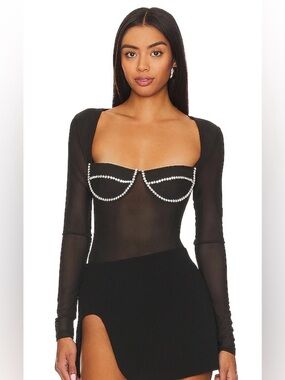Black Long-Sleeve Sheer Bodysuit with Rhinestone Trim